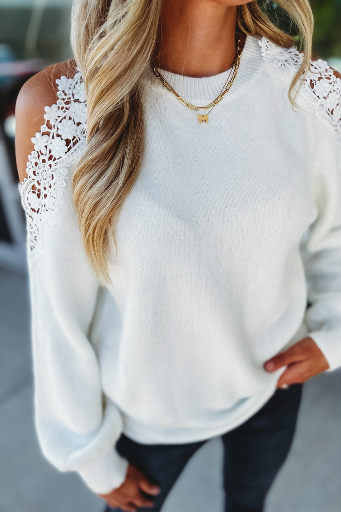 Romantic Vibes Cold Shoulder Lace Ivory Sweater