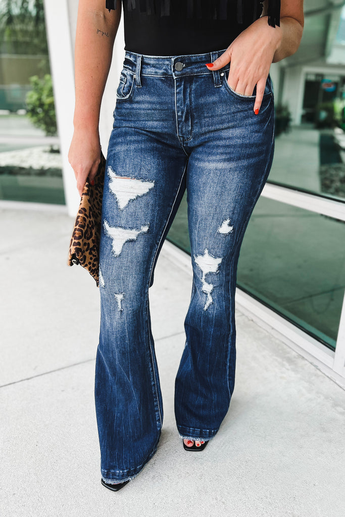 Ashton Mid Rise Distressed Flare Jeans
