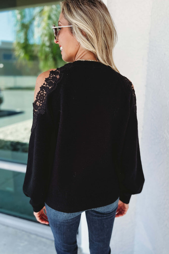 Romantic Vibes Cold Shoulder Lace Black Sweater