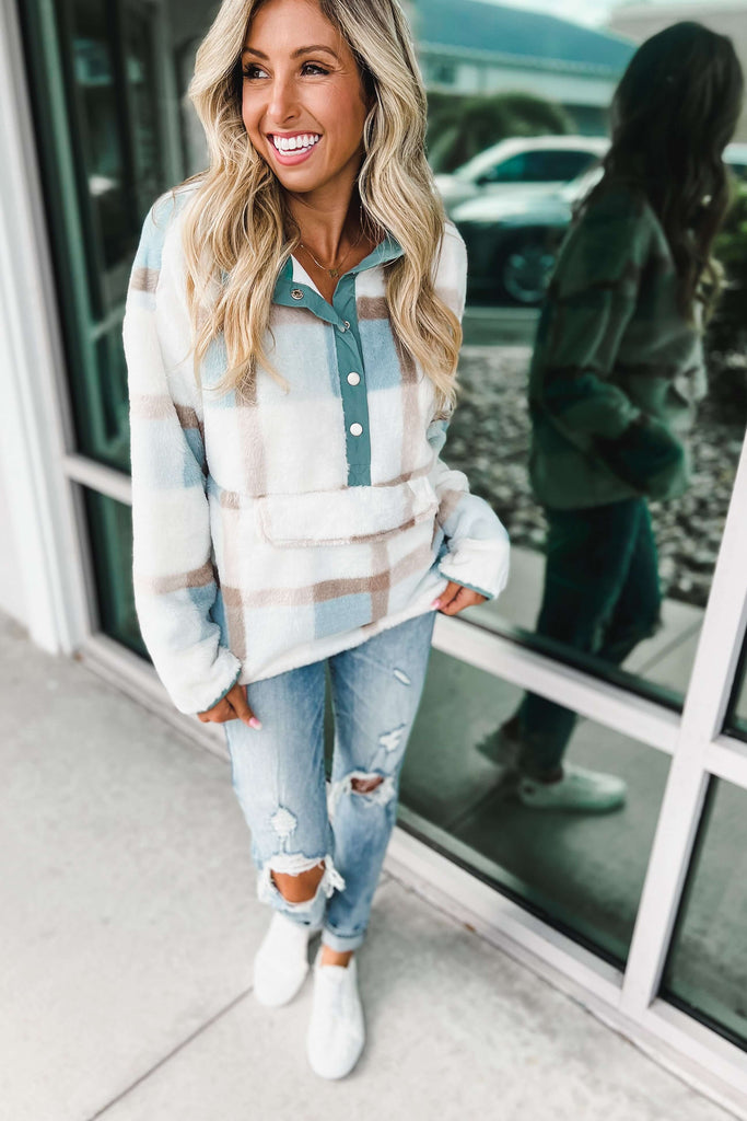 Here to Stay Soft Blue Plaid Pullover