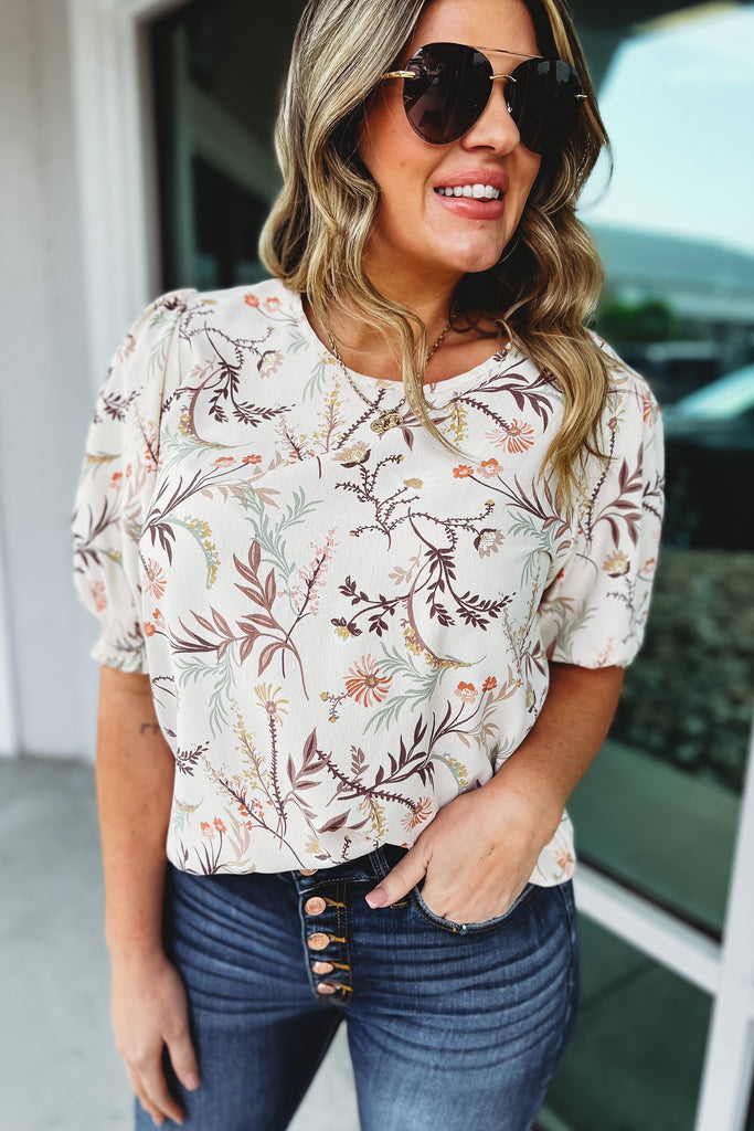 Down the Road Smocked Sleeve Cream Floral Top