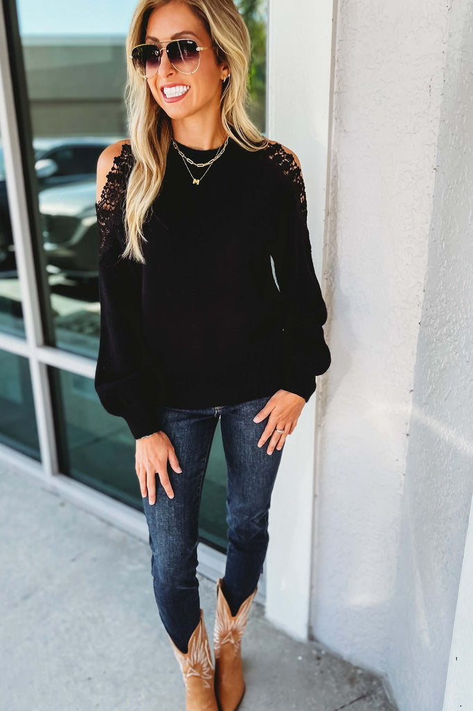 Romantic Vibes Cold Shoulder Lace Black Sweater