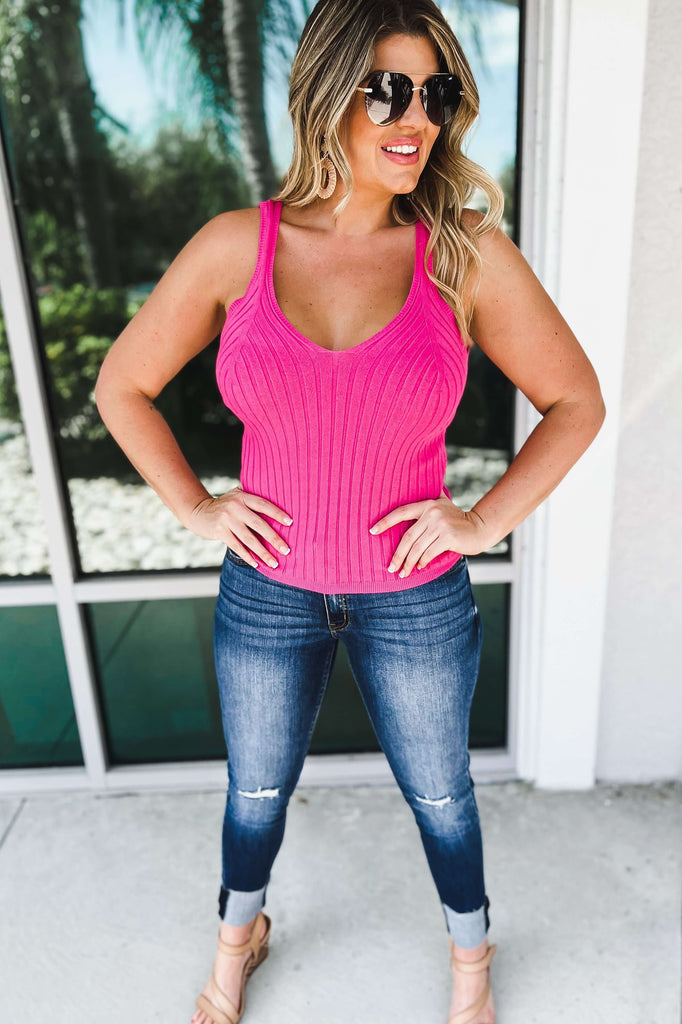 What a Time Hot Pink Ribbed V Neck Tank Top