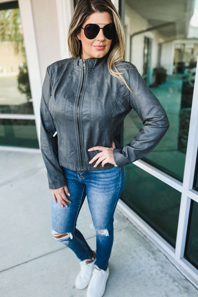 (More colors) Faux Leather Moto Jacket