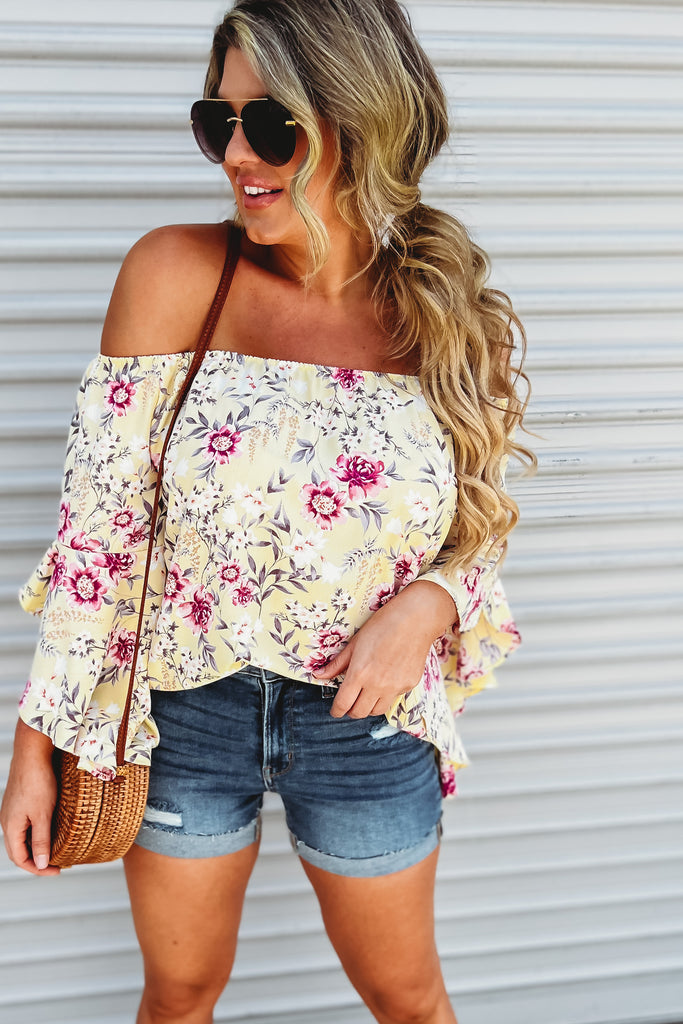 It's About Time Floral Off Shoulder Yellow Top