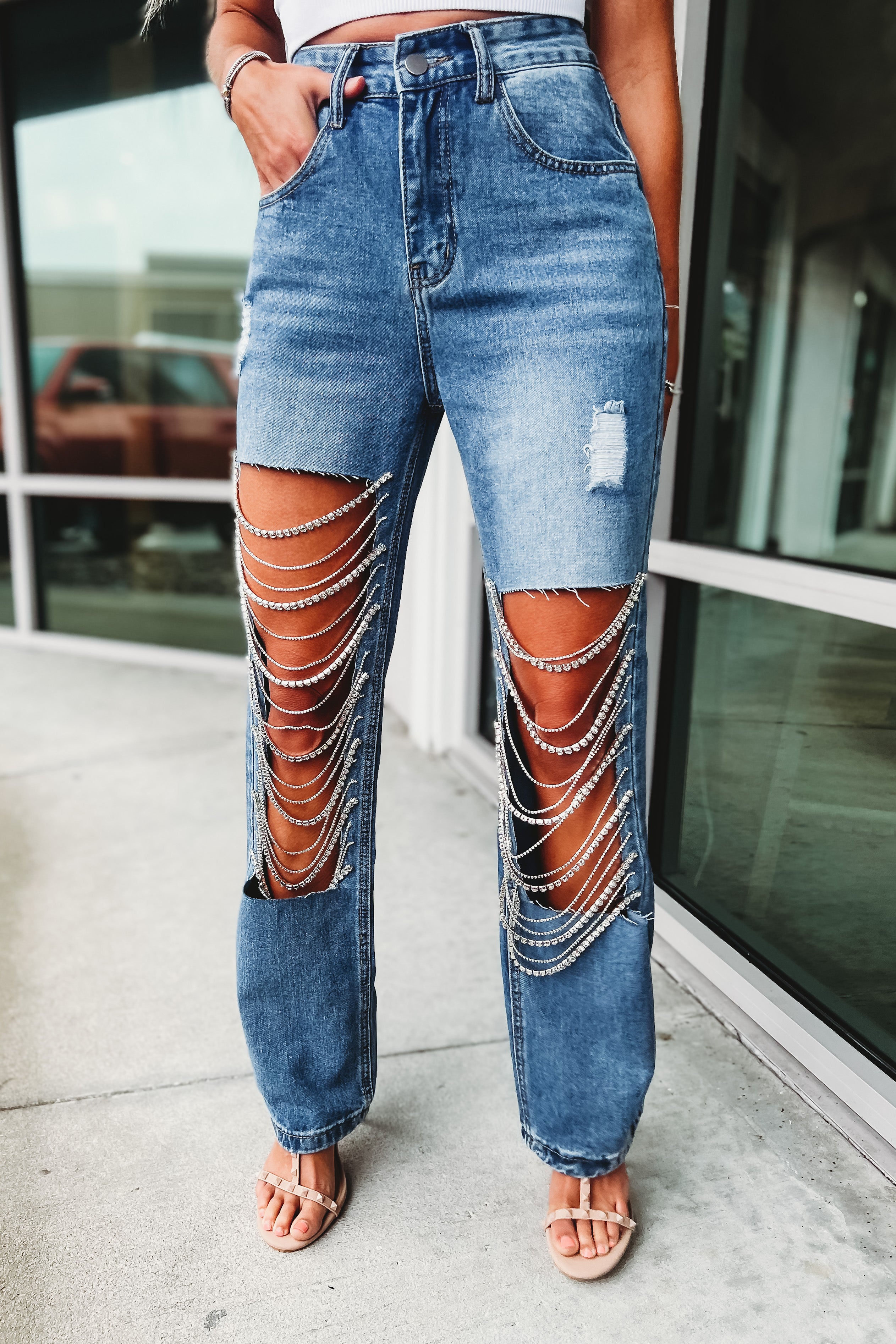 Rhinestone No Stretch Front Open Panel High Rise Jeans | Women's Online Clothing Boutique