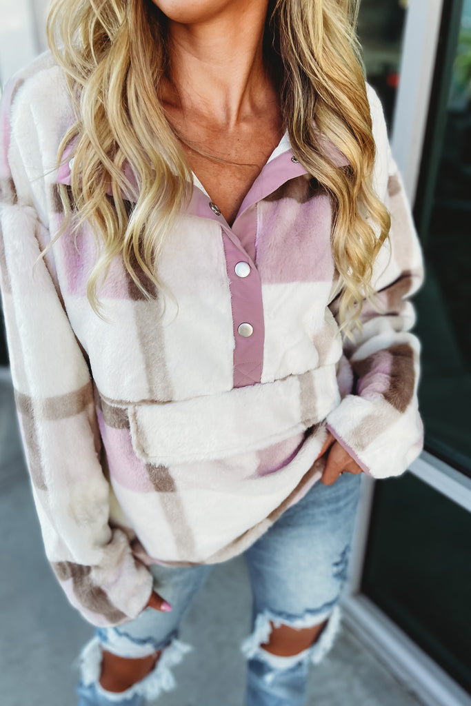 Here to Stay Soft Mauve Plaid Pullover