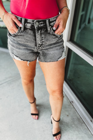 PETRA Kaylee High Rise Grey Acid Wash Denim Shorts