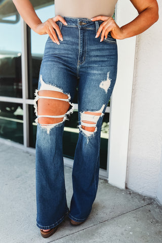 The Kacey High Rise Distressed Super Flare Jeans
