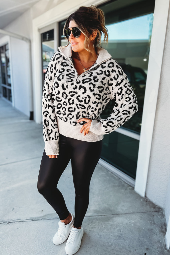 Touch of Comfort Leopard Ivory Half Zip Pullover