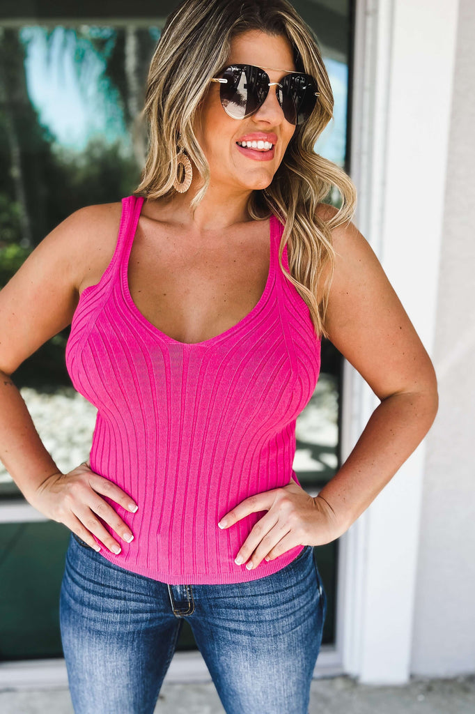 What a Time Hot Pink Ribbed V Neck Tank Top
