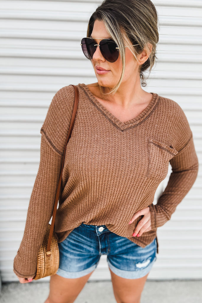 (More colors) Cozy Chic Brushed Waffle Knit Raw Edge Top