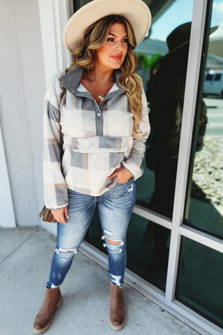 Here to Stay Soft Grey Plaid Pullover