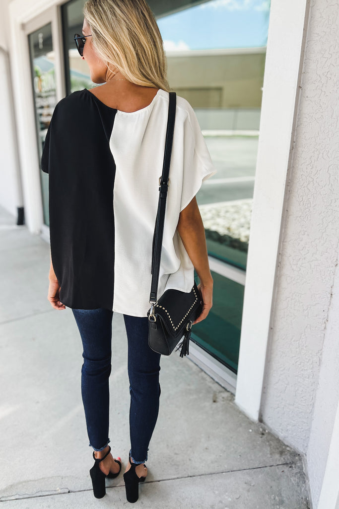 Opposites Attract White & Black Colorblock V Neck Top