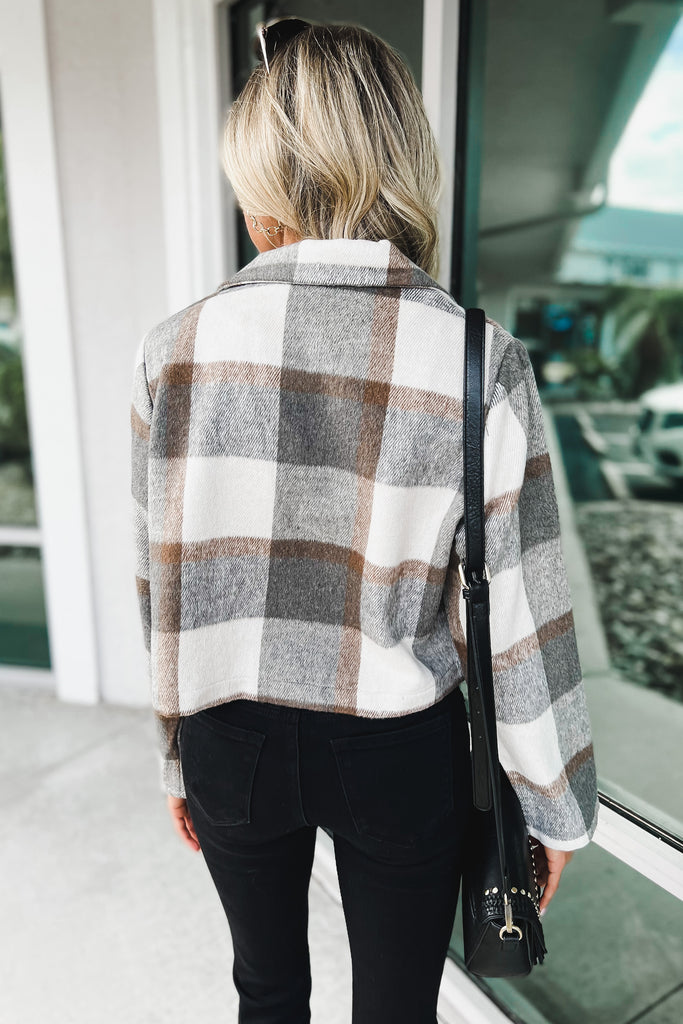 Out of the Ordinary Cropped Grey Plaid Blazer Jacket