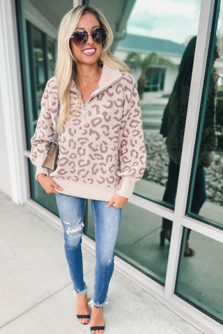 Touch of Comfort Leopard Taupe Half Zip Pullover