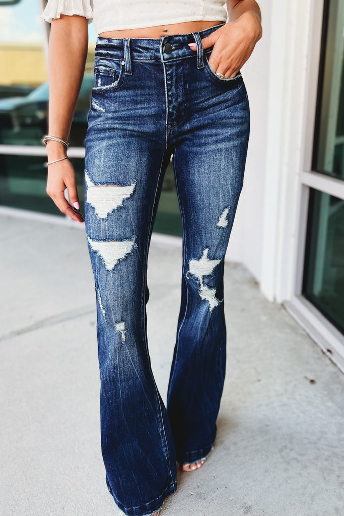 Ashton Mid Rise Distressed Flare Jeans
