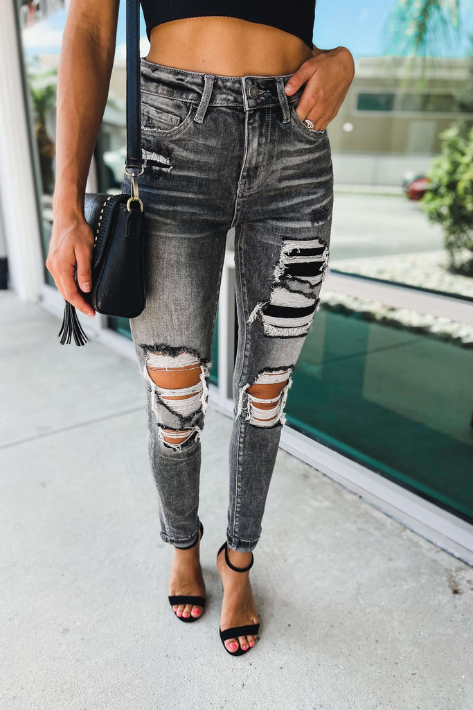 Blair High Rise Washed Black Distressed Patch Ankle Jeans
