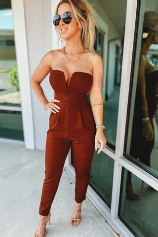 Falling Into Your Dreams Cropped Rust Sweetheart Neckline Jumpsuit