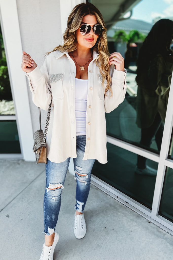 Casual Chic Sequin Accent Cream Shacket
