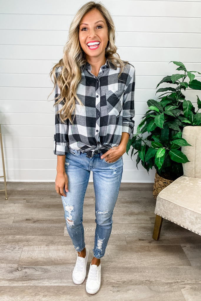 Out of the Woods Button Down Plaid Top (Heather Grey Buffalo Plaid)