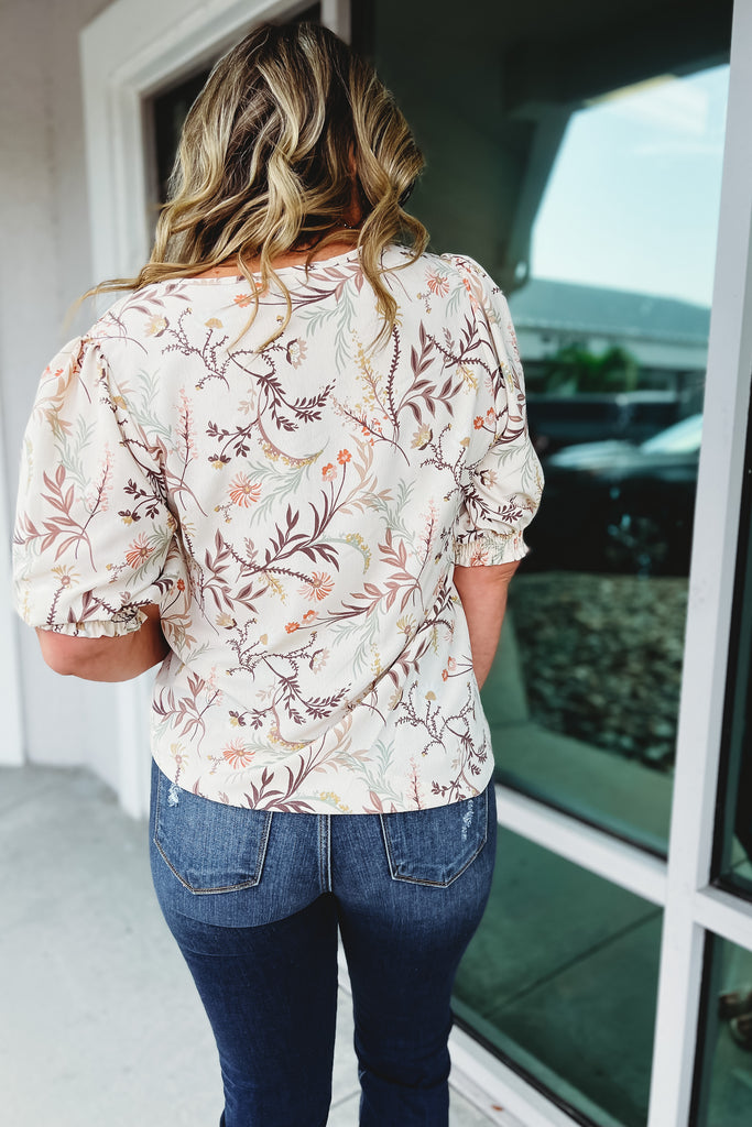 Down the Road Smocked Sleeve Cream Floral Top