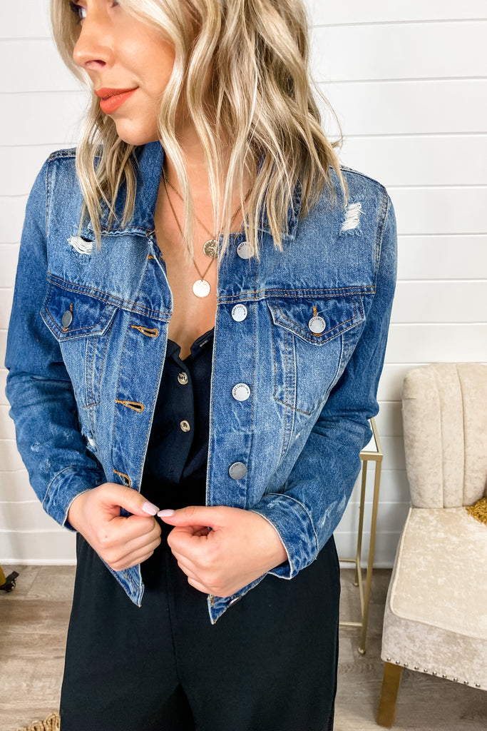 Distressed Blue Denim Jean Jacket || Simply Me Boutique Sezzle Free Shipping