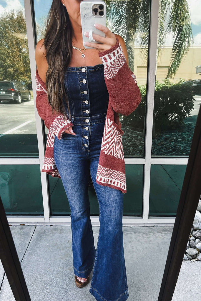 (OCTOBER PREORDER) Miranda High Rise Front Button Dark Denim Flare Overalls