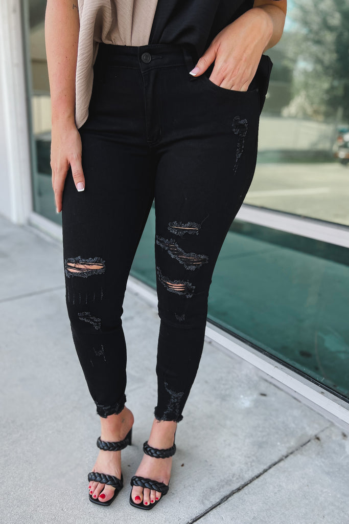Kancan Edge of Glory Distressed Ankle Mid Rise Black Jeans