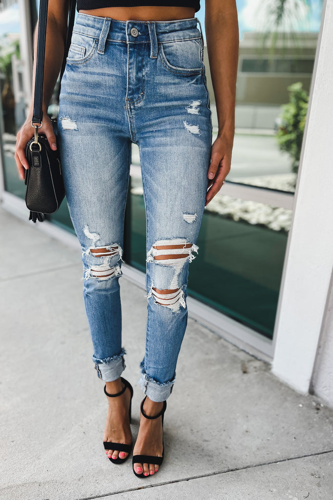 Skylar High Rise Distressed Ankle Skinny Jeans