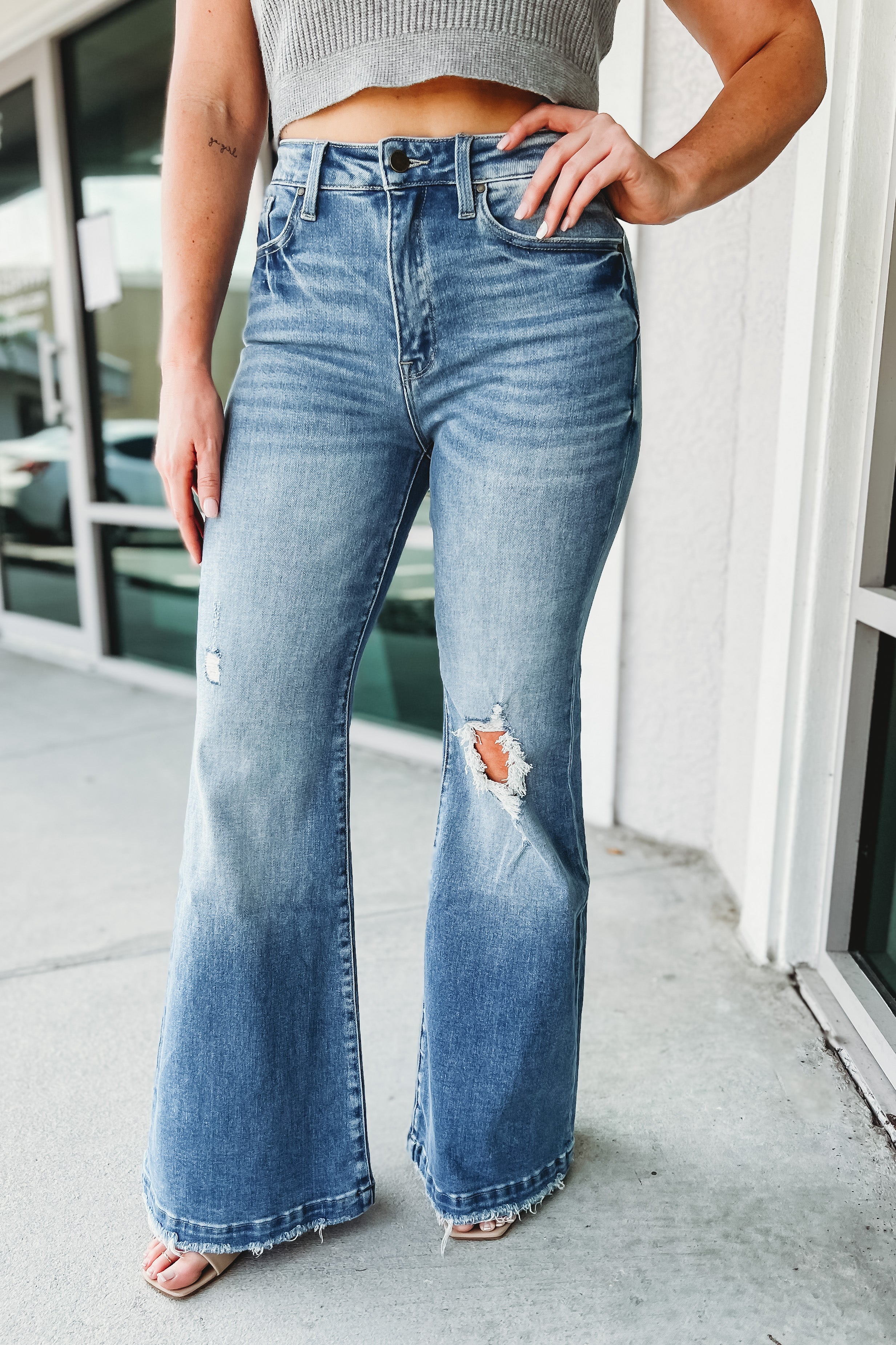 Womens Retro Denim Highwaist 2-Buttons Flare Style Jeans Pants for Women  #9236