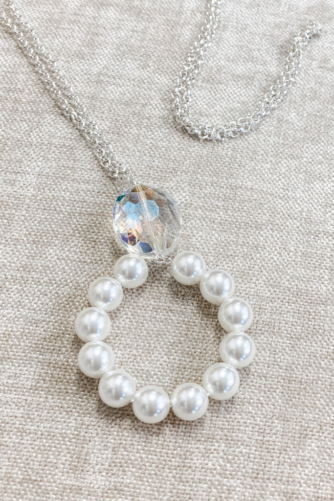Long Pearl Pendant Silver Necklace with Clear Crystal