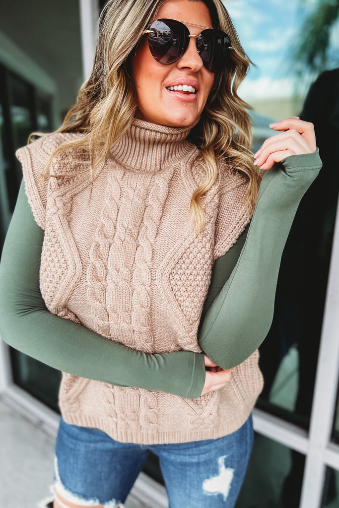 Second to None Cable Knit Taupe Turtleneck Vest