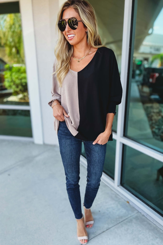 Best of Both Worlds Neutral Coco Colorblock Smocked Sleeve Top