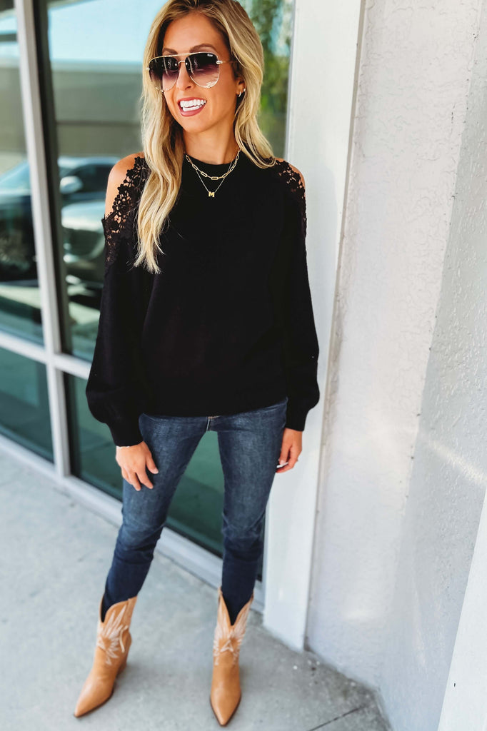 Romantic Vibes Cold Shoulder Lace Black Sweater