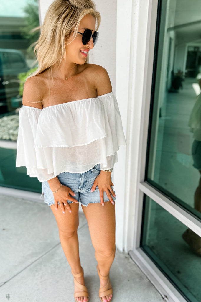 Easy Win Off Shoulder Off White Tiered Crop Top