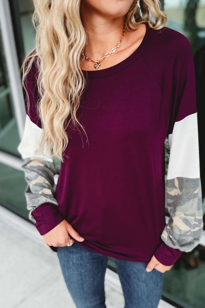 Don't Overthink It Camo Colorblock Sleeve Wine Tunic
