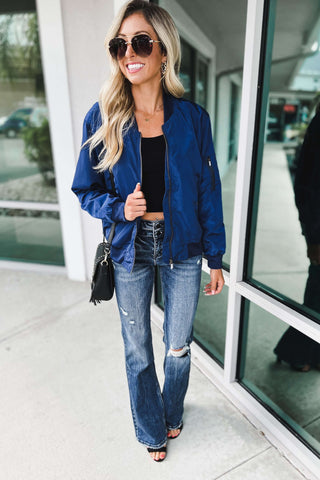 It's Time Lightweight Windbreaker Blue Bomber Jacket