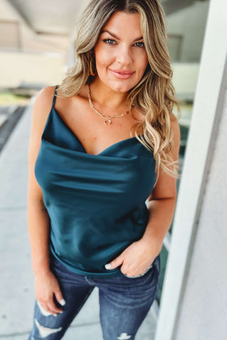 Love is Blind Teal Satin Cowl Neck Cami