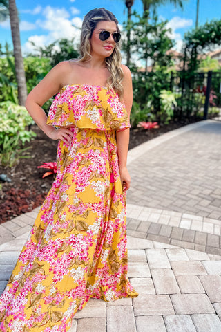 Never Say Never Strapless Yellow Floral Maxi Dress