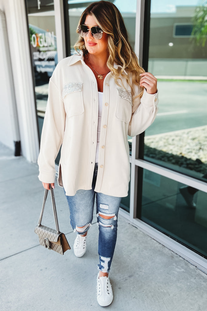 Casual Chic Sequin Accent Cream Shacket