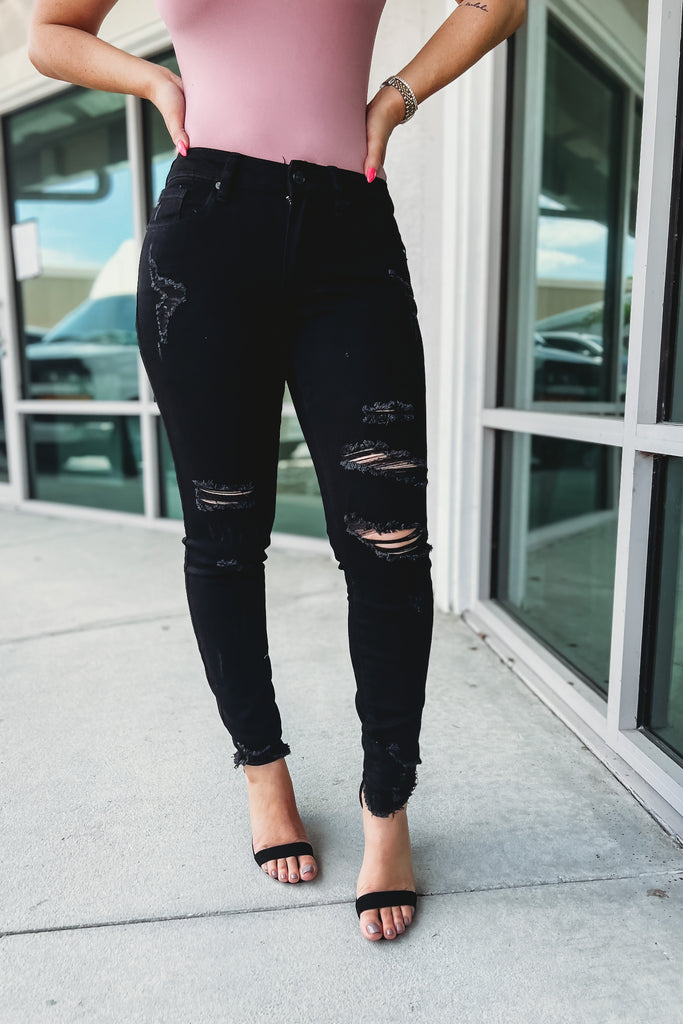 Kancan Edge of Glory Distressed Ankle Mid Rise Black Jeans