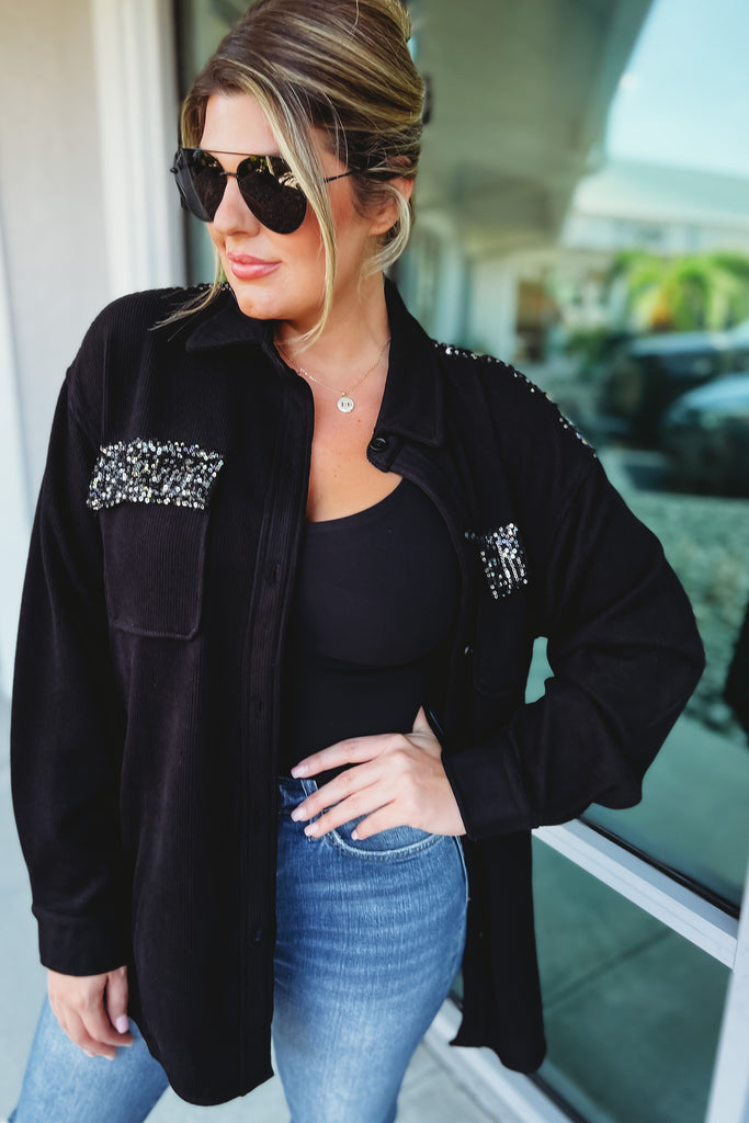 Casual Chic Sequin Accent Black Shacket