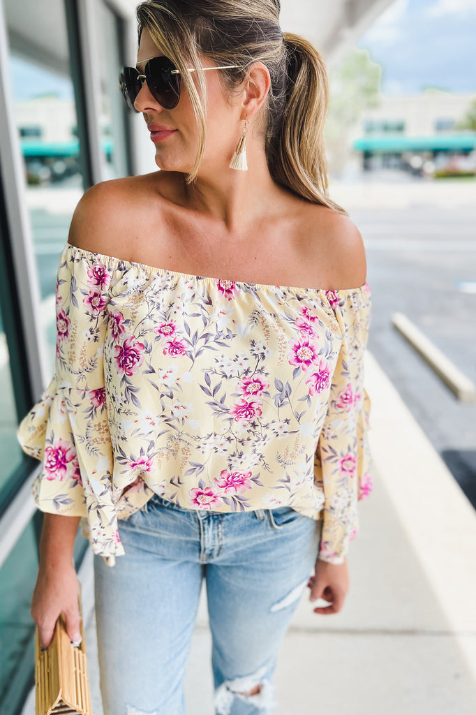 It's About Time Floral Off Shoulder Yellow Top