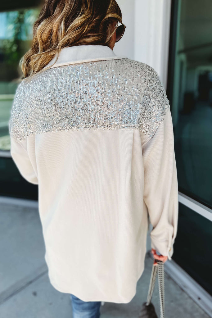 Casual Chic Sequin Accent Cream Shacket