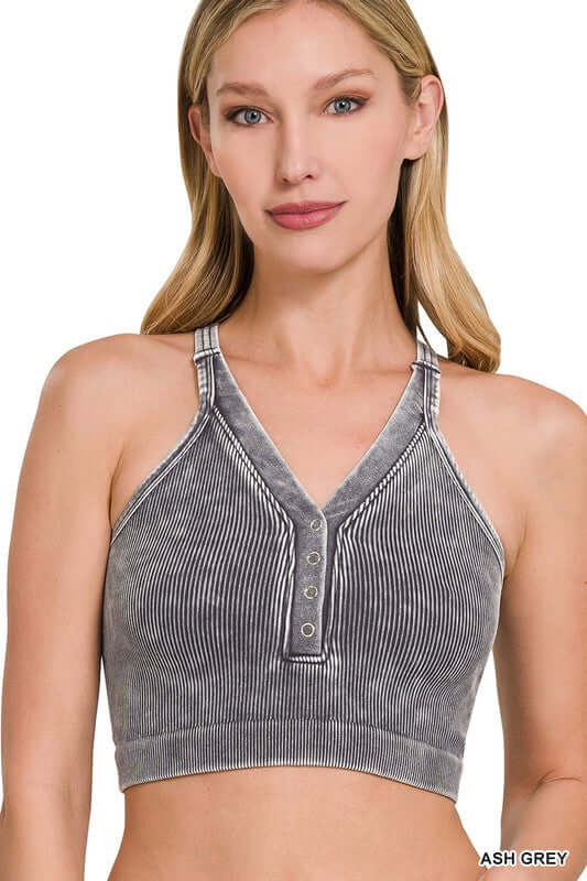 (More colors) Victory Lap Ribbed V Neck Button Accent Crop Top