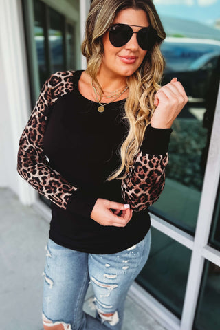 Wild Ways Leopard Sleeve Black Top