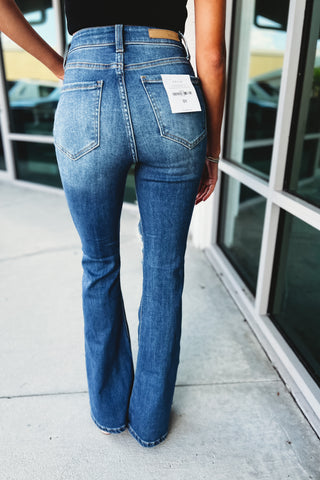The Kacey High Rise Distressed Super Flare Jeans