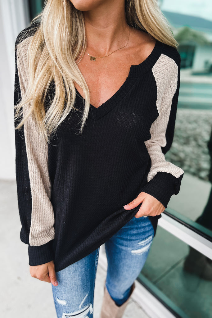 It's Going Down V Neck Contrast Black Tunic Top