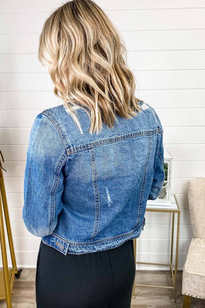 (Dark Wash) Distressed Denim Jean Jacket